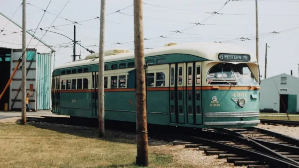 Green vintage Chicago streetcar from the 1940s parked at the Illinois Railroad Museum in 1988.